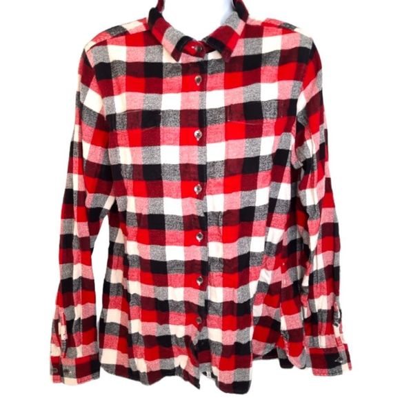 Plaid Button-Up Shirt - Red, Black, White - Picture 1 of 6